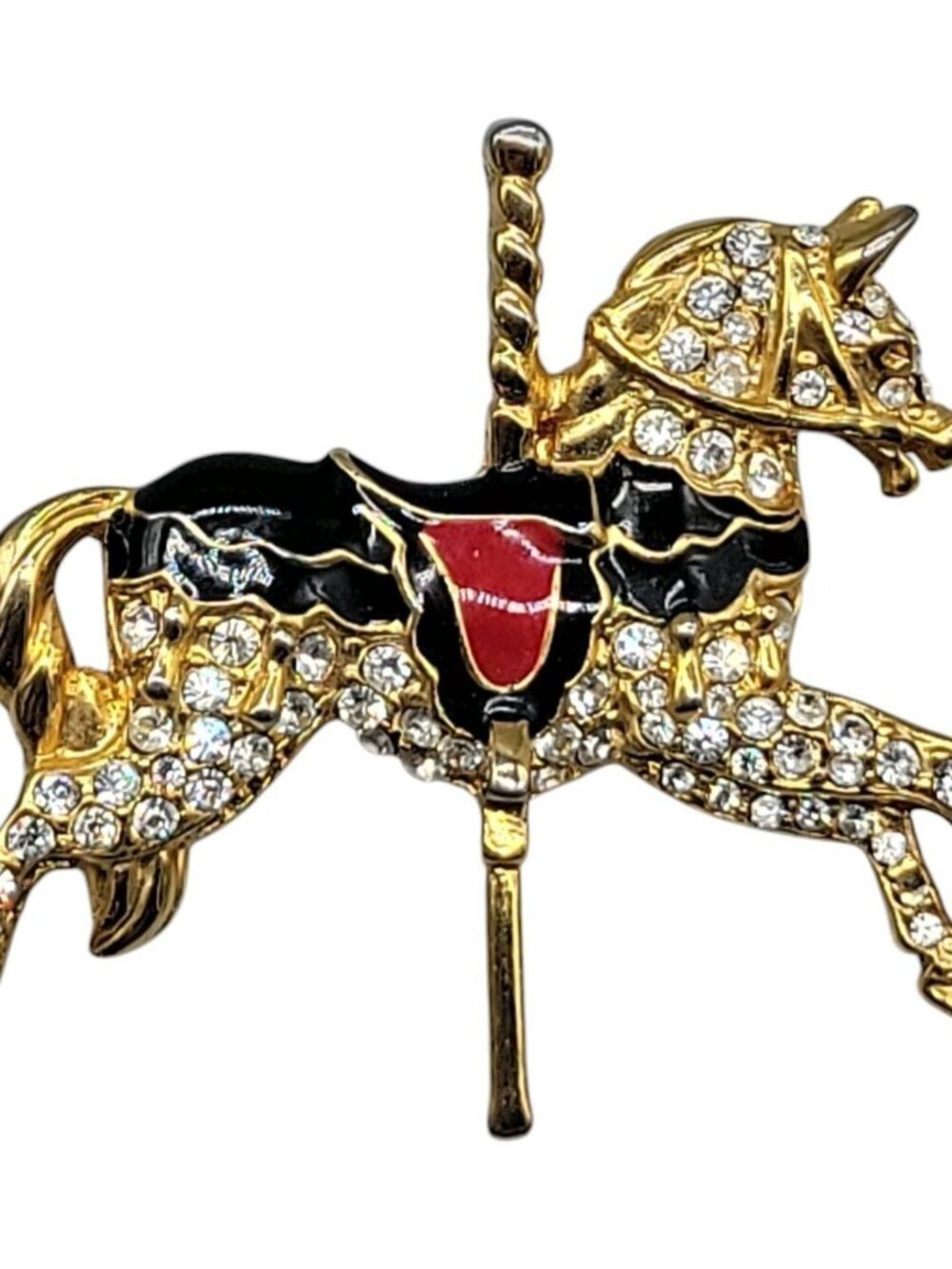 Carousel Horse Brooch Gold Plated Rhinestone Black Red Enamel Saddle Vintage - Picture 4 of 6
